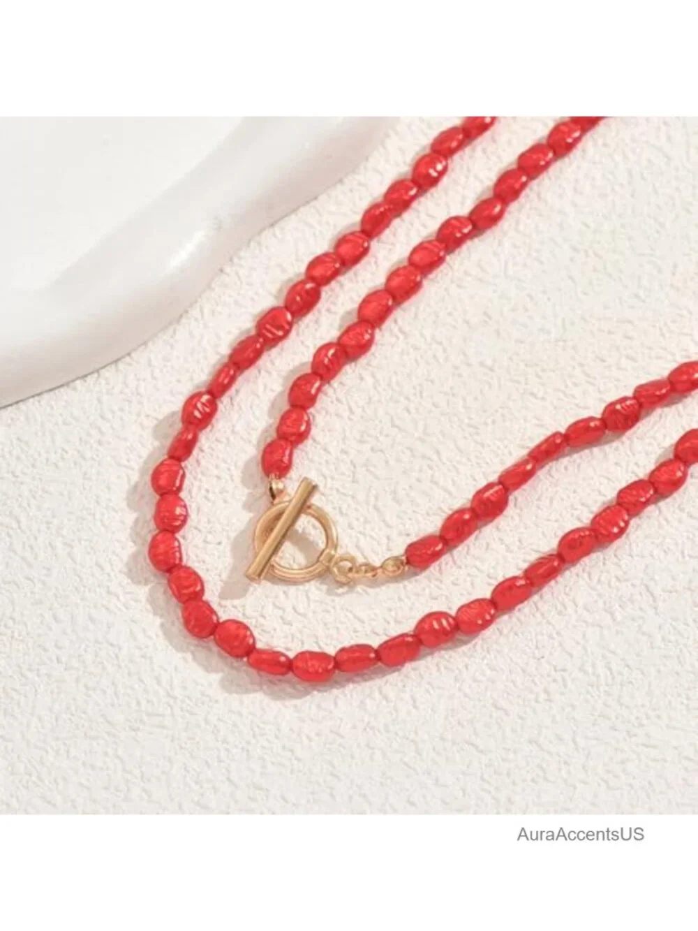 Red Beaded Double Layer Necklace Boho Toggle Clasp Layered Statement Jewelry